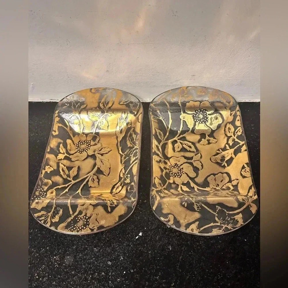 Vintage Glass Trinket Tray 22K GOLD Overlay Raised Floral Design set of 2 - Picture 1 of 3